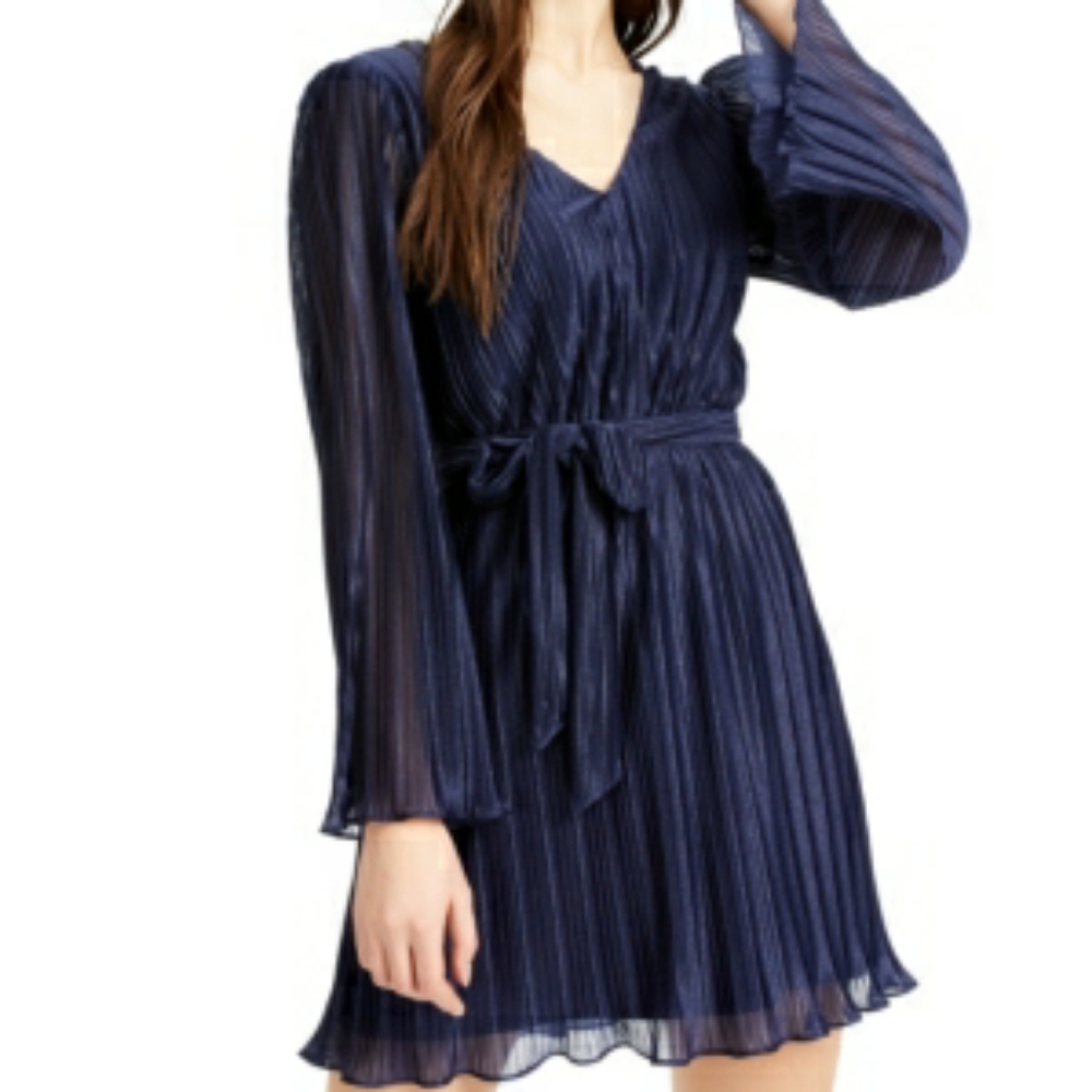 City Studios Belted Shimmer Pleated Dress